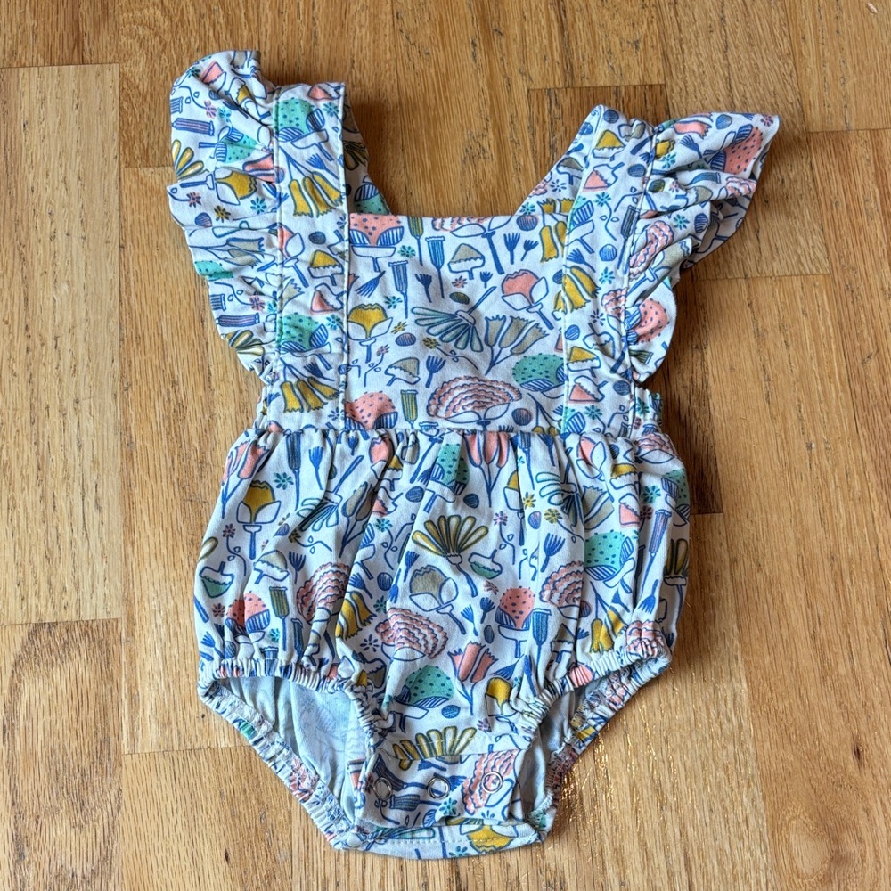 Ollie Jay Floral Ruffle Baby Romper - White with Pastel Multicolor Print